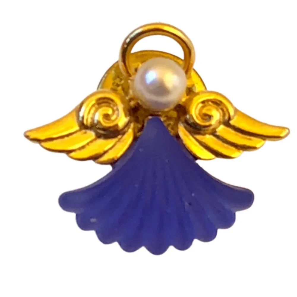 Angel Goldtone Lapel Tie Tack Pin Brooch Blue Glass Faux Pearl